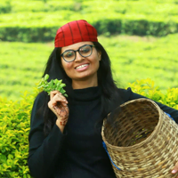 Holding tea leaves and a bambooo basket for a photo