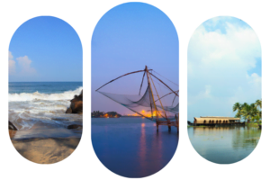 A view of the sea from the coast of Kerala, a Chinese net in Fort Kochi, and a houseboat in the backwaters of Alappuzha.