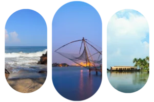 A view of the sea from the coast of Kerala, a Chinese net in Fort Kochi, and a houseboat in the backwaters of Alappuzha.