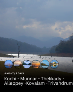 Thekkady lake with glowing water and an overcast sky