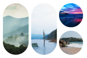 Views from Munnar highlands, Thekkady lake, Alappuzha, and kovalam beaches.