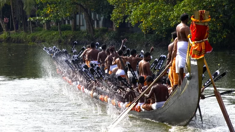 Traditional snake boat race in Kerala with rowers paddling through the backwaters during a vibrant cultural festival.